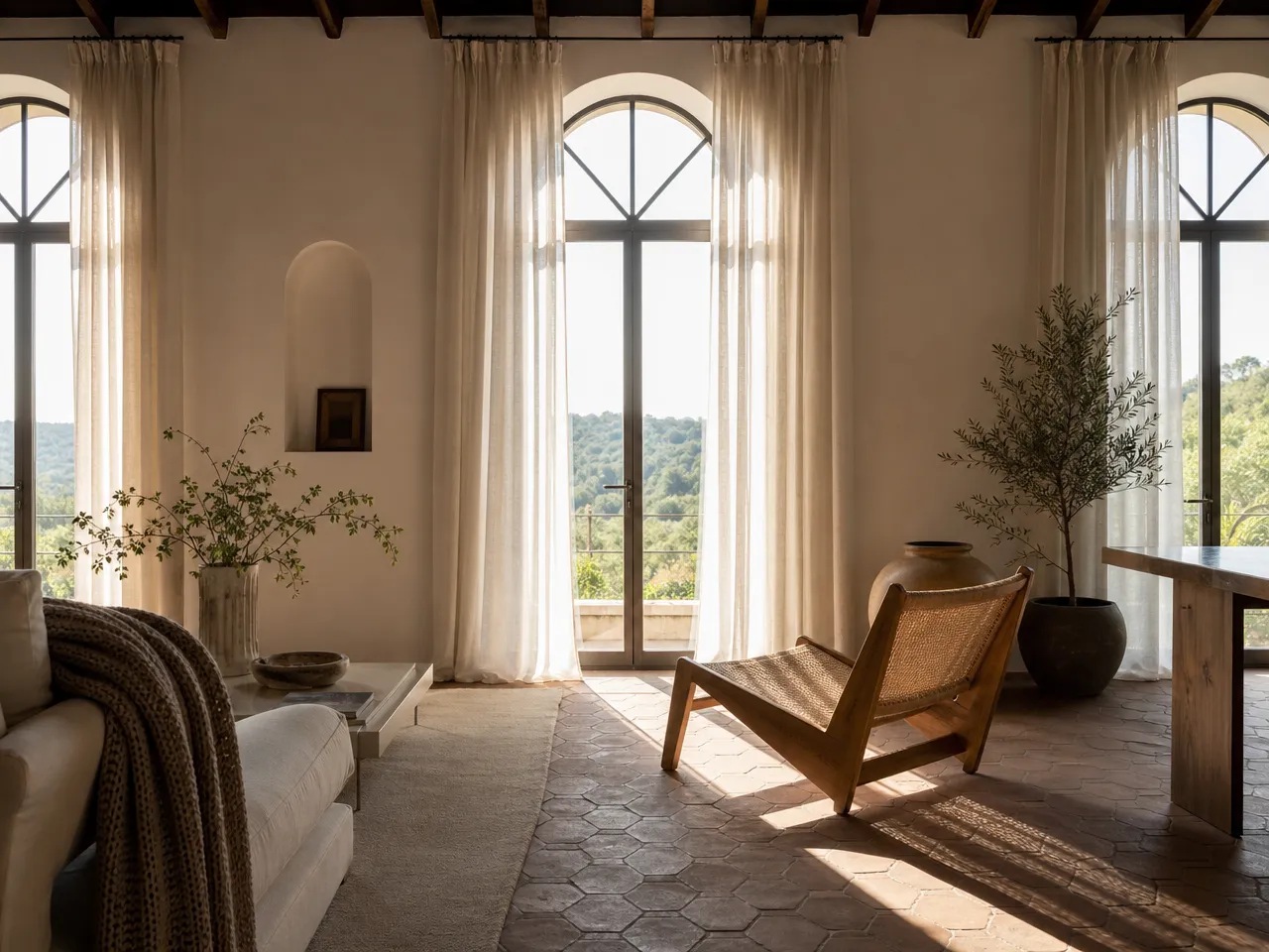Softly lit living room with an arched window