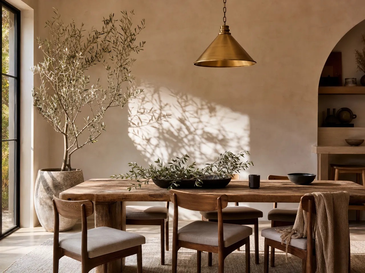 Warm dining room with a brass pendant